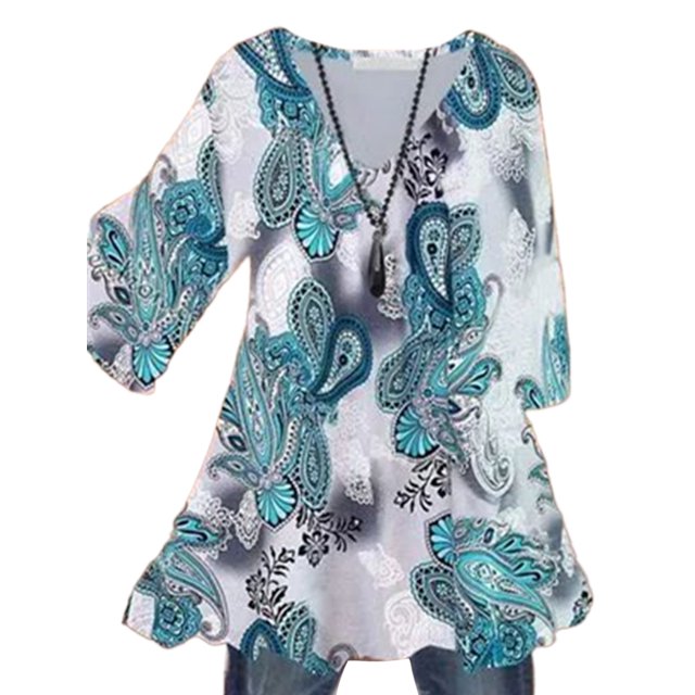 MAWCLOS Women Blouse V Neck Tops Ruched Tunic Shirt Elegant Beach Floral Print Pullover #2 L