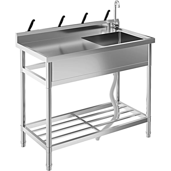 Évier Utilitaire en Acier Inoxydable, Lavabo à Lessive Autoportant 39x20 Po avec Table de Travail, Tuyau d'Eau Froide et Chaude, Robinet Rotatif à 360 et Tablette de Rangement, Résistant à la Rouille et Facile à Nettoyer pour la Cuisine