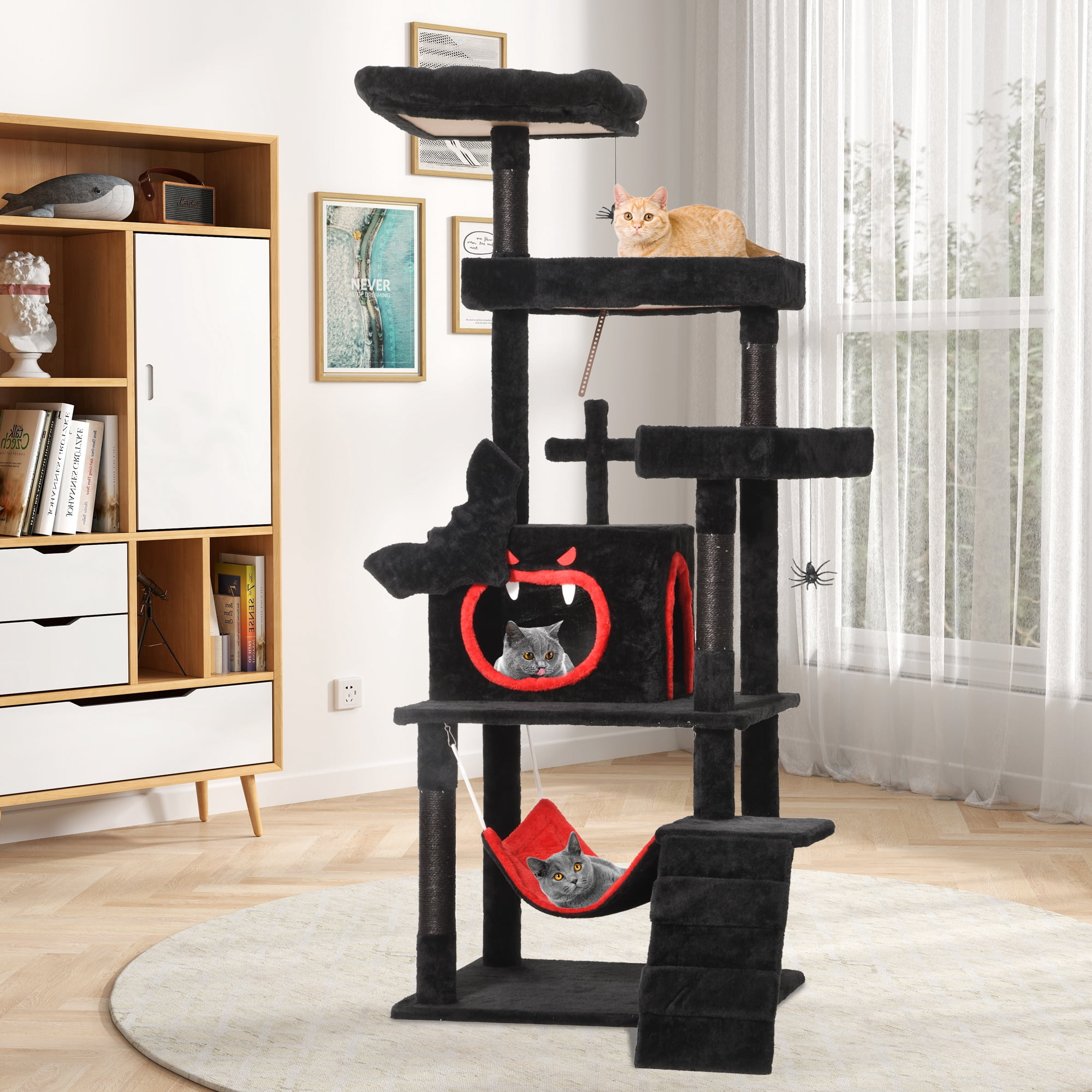 DEXTRUS 63" Tall Gothic Cat Tree Tower - 5 Level Multi-Functional Cat Condo with Spider Hanging Balls, Climbing Ladder, Hammock, and Scratching Post for Indoor, Halloween Cat Furniture, Black