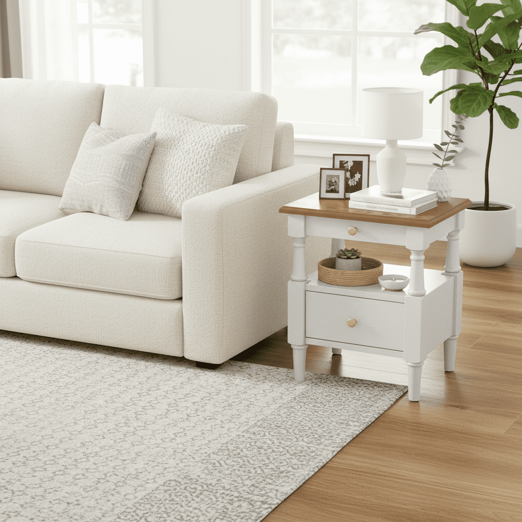 Homy Casa Seattle Contemporary MDF Bedside Table Nightstand with Drawer & Shelf, 22.44 Inch, White