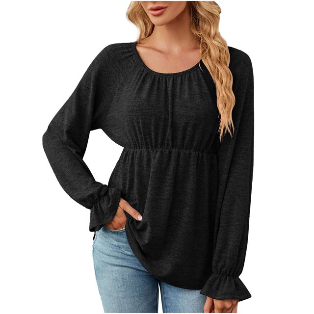 HKEJIAOI Polyester Femmes Long Sleeve Tops Solide Cou d'Équipage Sortir Tops pour Women