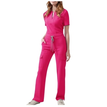 Ohufall Scrubs for Women Set, Modern V Neck Scrub Top & Pant with Multi Pockets Professionals Soft Stretch Medical Nursing Uniforms Set