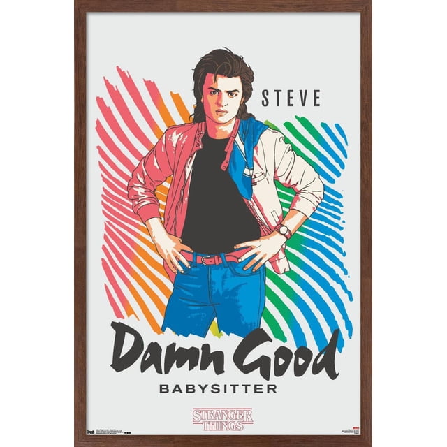 Netflix Stranger Things : Saison 2 - Affiche Murale de Babysitter, 14,725 Po x 22,375 Po, Représentant une Figurine Graphique Portant une Veste Rouge et Blanche par-Dessus une Chemise Noire avec jeans Bleus et une Ceinture Rouge, Debout avec les Mains sur les Hanches devant un Fond Rayé Multicolore, Présentant le Texte « Steve » au-Dessus et « Putain de Bonne Babysitter » en Dessous, Imprimé sur du Papier Affiche Lustré, Convient pour Décorer des Chambres, des Bureaux Ou des Dortoirs