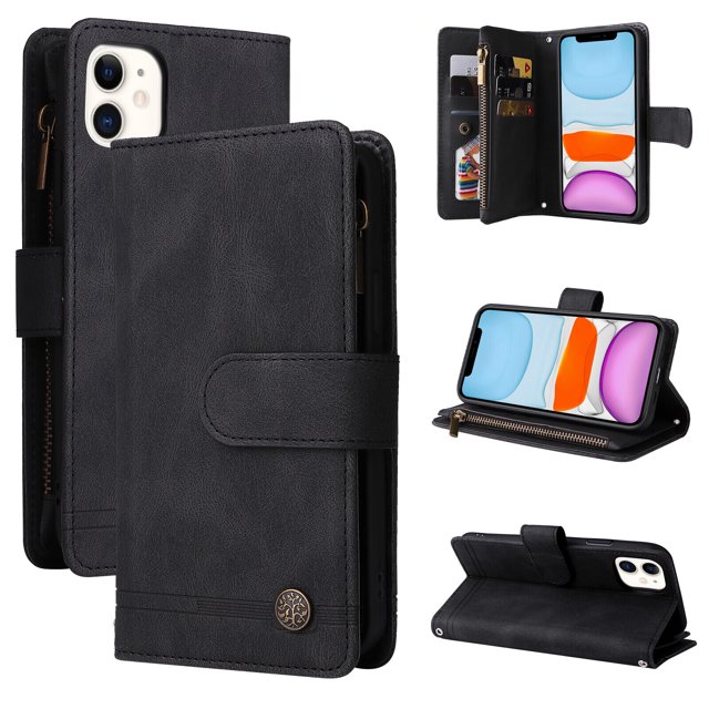 Case for iPhone 12 Cover Zipper Pocket Wallet Case Magnetic Protective in black. This multifunctional PU leather case features a zipper coin pocket, 9 card slots, and a side pocket for cash or additional cards. It includes a magnetic flip closure for secure storage and can be used as a stand for reading or video calls. The case provides full-frame protection with raised edges and a TPU lip to safeguard against drops and scratches.