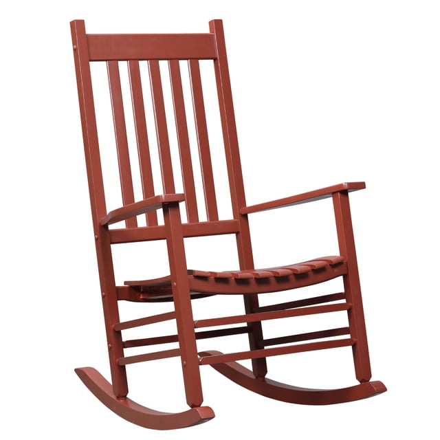 Outsunny Wooden Porch Rocking Chair in wine red, designed for outdoor and indoor use. Made from durable poplar wood with a polyurethane coating for UV and water resistance. Features a slatted backrest, wide seat, and armrests for comfort. Dimensions: 27.25 inches long, 33.75 inches wide, and 45.25 inches high. Suitable for porches, patios, or bedrooms.