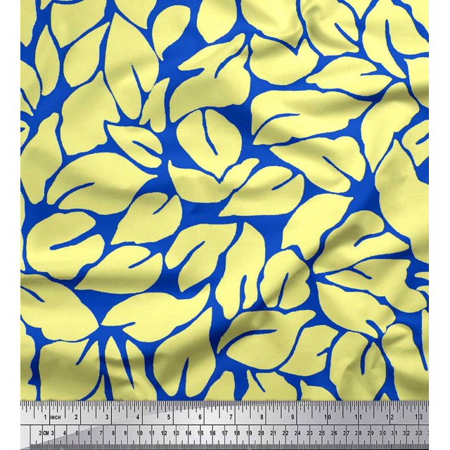 Soimoi Blue Velvet Fabric Basil Leaves Printed Fabric 1 Yard 58 Inch Wide
