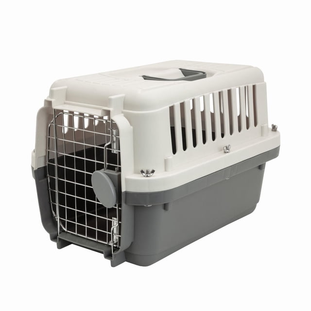 SportPet 19 Inch Durable Plastic Dog Carrier with white top and gray base, metal wire locking door, side ventilation slits, and top handle for easy transport, designed for secure pet travel and suitable for temporary pet containment.