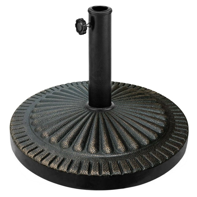 Gymax 30LBS Round Patio Market Umbrella Base Heavy-Duty Outdoor Stand featuring a textured resin base with a retro design and a black vertical tube for umbrella poles. The base includes a petaloid hand-turn knob for secure tightening and fits umbrella poles with diameters between 1.5 and 1.9 inches. Suitable for outdoor spaces like patios, gardens, and poolside areas.