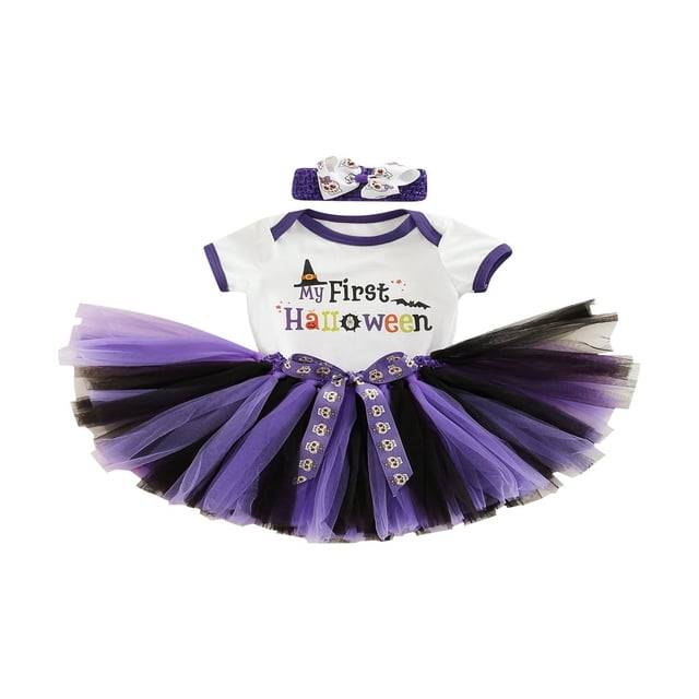 Halloween Barboteuse Imprimée Layette pour Filles Jupe en Tulle et Coiffe