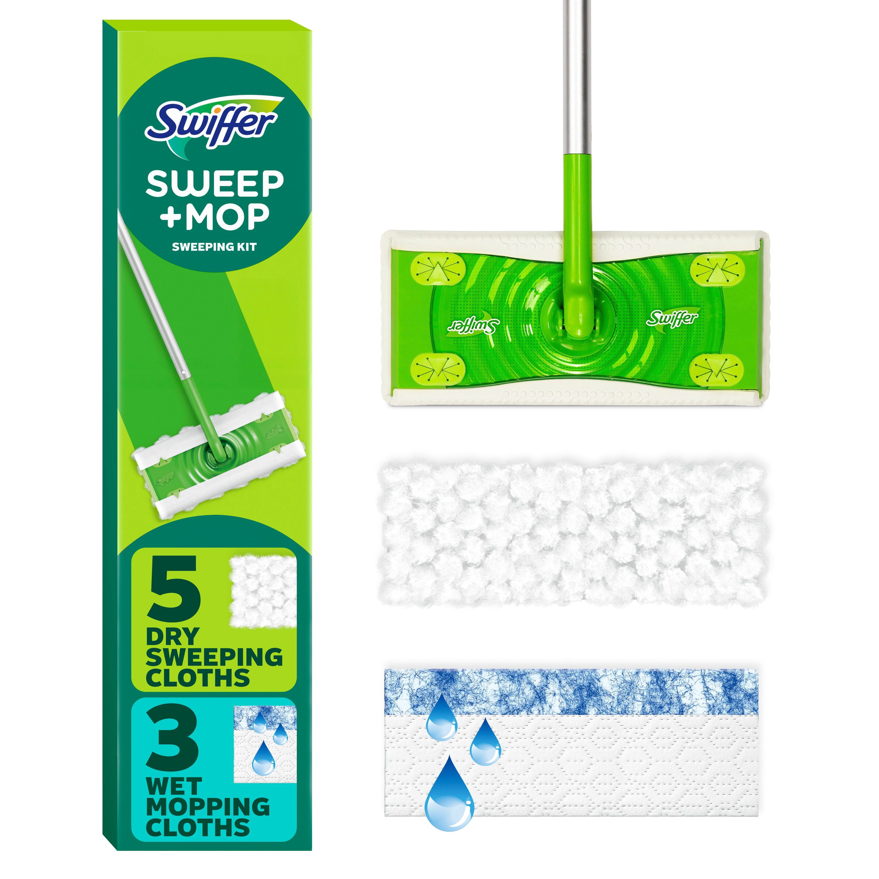 Swiffer Sweep and Mop 2-in-1 Dry + Wet Floor Mopping and Sweeping Kit (1 Sweeper, 5 Heavy Duty Dry Cloths, 3 Heavy Duty Wet Cloths)
