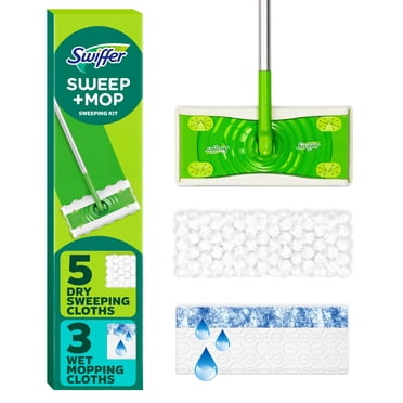 Swiffer Sweep and Mop 2-in-1 Dry + Wet Floor Mopping and Sweeping Kit (1 Sweeper, 5 Heavy Duty Dry Cloths, 3 Heavy Duty Wet Cloths)