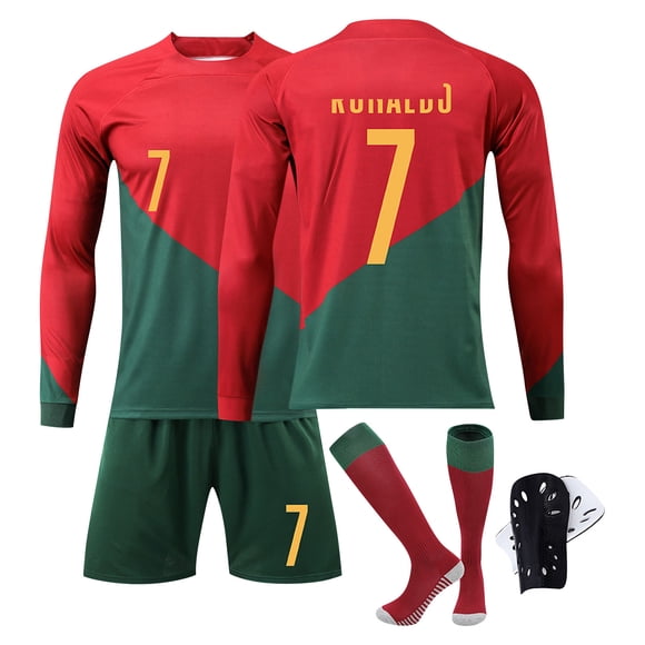 Sien 2223 #7 RONALDO Two Color Portugal Soccer Jersey, Portugal Home Game Long Sleeve Smooth Soccer Jersey, Kids Sport Soccer Jersey 4 Piece Set(Suiting All Season), #7/18