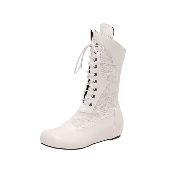 Xfvqtps Womens Lace up Mid Calf Boots Flat Wedge Heel Boots with Stitching Detail Vintage Style Comfortable Casual Winter Boots White