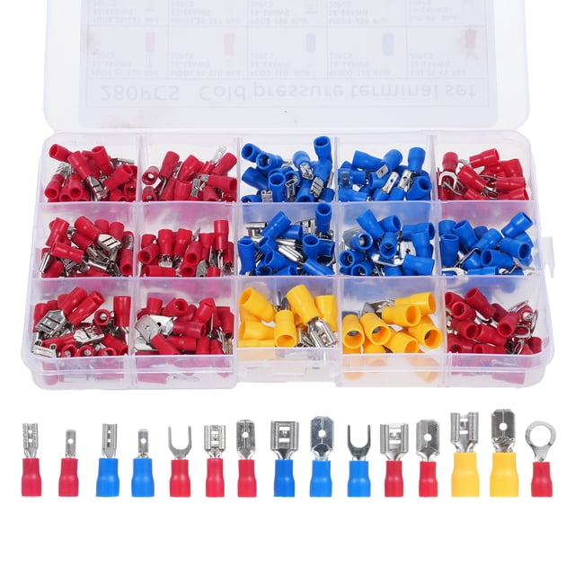 Mistaha 280PCS Mixed Insulated Wire Connectors Kit, Electrical Cold-pressed Terminal Assortment Set in Plastic Box - AWG 22-10, ABS+Copper, 4 Sizes - Red, Blue, Yellow