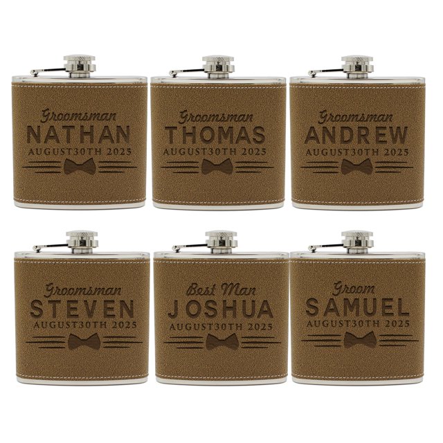 Personalized Groomsmen, Best Man, Groom Flask Sets - Uniform MPM Style Brown (6)