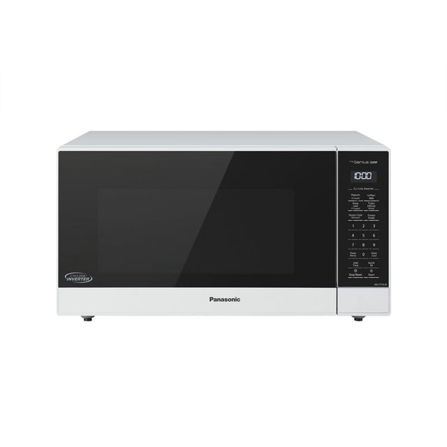 Panasonic Cyclonic Inverter Microwave Oven with slim white body, smoked glass door, and grey interior. Features a digital control panel with 15 auto programs, one-touch turbo defrost, and 1200W power output, suitable for countertop kitchens.