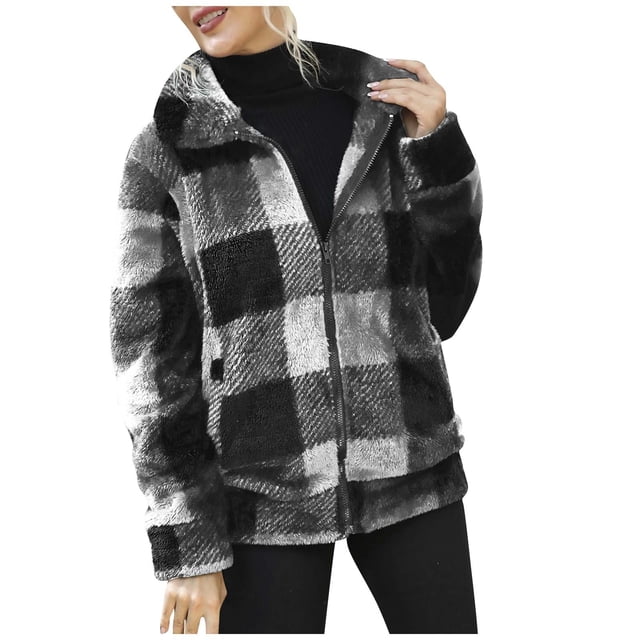 IROINID Veste Courte Shacket Torsadée Revers Plaid à Manches Longues Fermeture Éclair Décontractée à Double Face Poches Molletonnées, Blanc