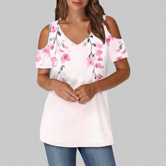 Soki Women's Off Shoulder Tee Clearance Blouses Short Sleeved V-Neck Fashionable Tops