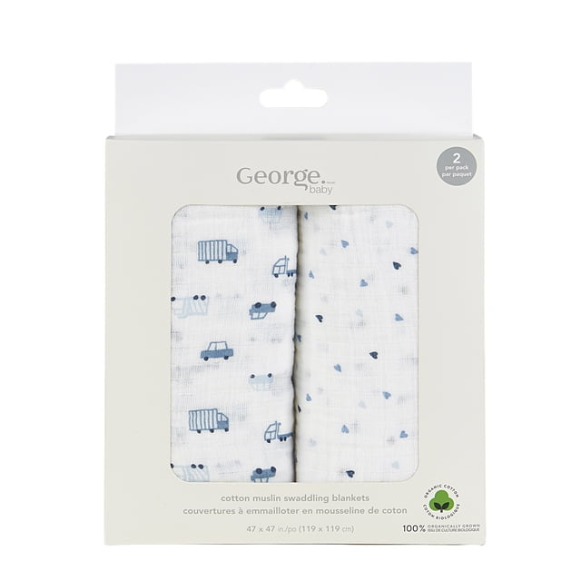 George Baby Boys Boxed Organic Cotton Muslin Swaddling Blankets (2 Count).