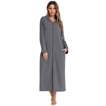 Qudderr Robe Unie pour Femmes, Peignoir Long Douillet, Chemise de Nuit à Fermeture Éclair, Vêtement de Nuit à Capuche pour Femmes, Tenue de Détente pour le Printemps, l'Automne et l'Hiver, Tailles P-TTG
