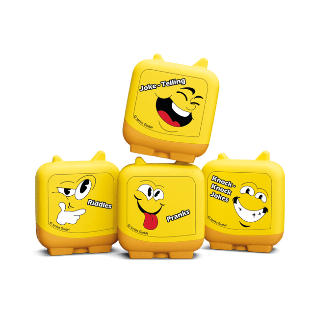 tonies Clever Tonies: Kid Comedy Set with four yellow collectible figures featuring cartoon faces labeled Joke-Telling, Knock-Knock Jokes, Pranks, and Riddles, providing screen-free educational electronics entertainment that fosters creativity and cognitive skills for kids ages 3 and up.