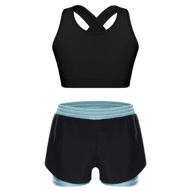 MSemis Kids Girls 2pcs Sports Set Keyhole Cross Back Tank Tops and Shorts Set For Yoga Gymnastics Dance Light Blue 12