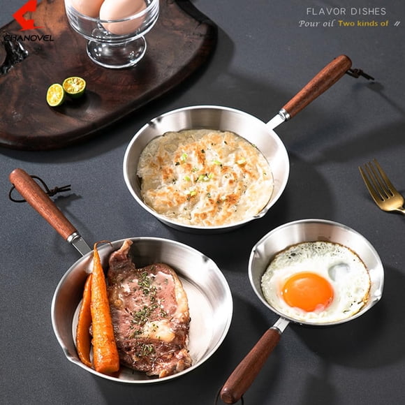 GOGRANT 12cm Mini Frying Pan, 304 Stainless Steel Skillet with Wooden Handle, Non-Toxic Uncoated Egg Pan for Breakfast, Induction Compatible