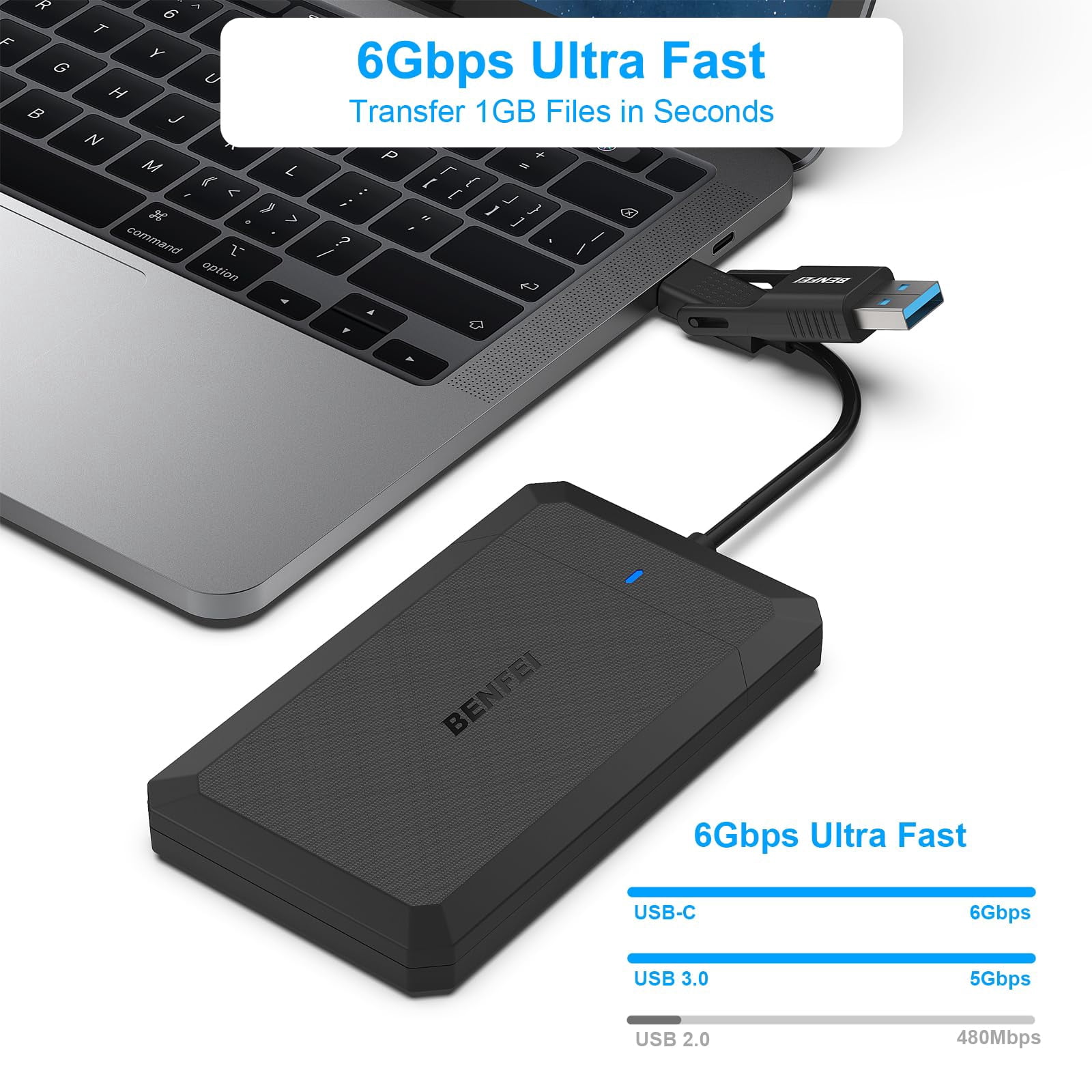 Enceinte de disque dur externe BENFEI 2,5 pouces SATA vers USB sans outil, USB Type-C/Type-A compatible avec SSD 2,5 pouces (optimisé pour le support SSD UASP SATA III)