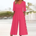 thumbnail image 2 of Yuyuzo Womens Wide Leg Jumpsuits Short Sleeve V Neck Casual Loose Comfy Button Split Rompers with Pockets, 2 of 6