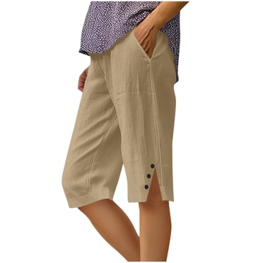 Lovzfmll Women's Linen Bermuda Shorts, Wide Leg Casual Pants with Side Slit & Button Front, Summer Shorts Khaki, 4XL