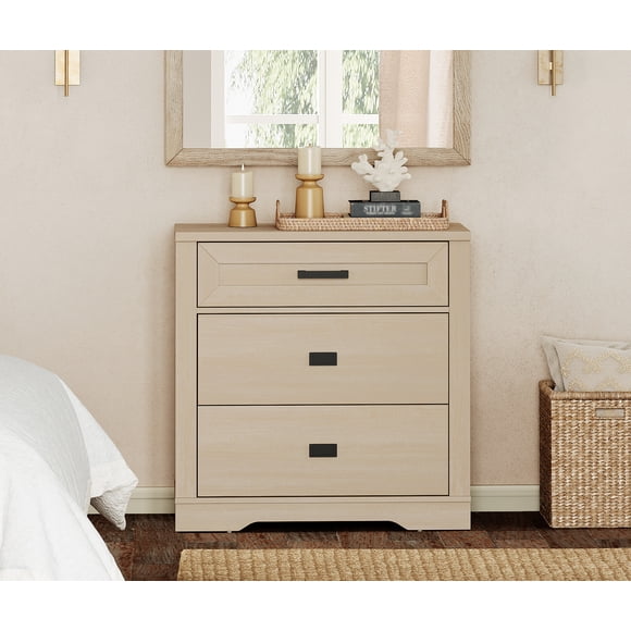 WAMPAT Bedroom Dresser, 3 Drawer Chest, Kids Dresser, Wide Storage Cabinet, Wooden Closet Organizer, Hallway, Living Room, Nursery, Pale Oak