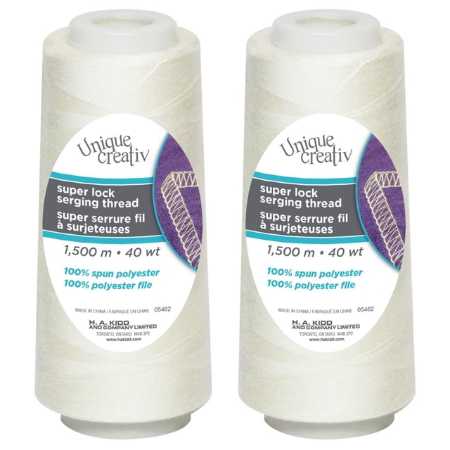 UNIQUE CREATIV TRULOCK Serging Thread in off-white, 100% spun polyester, 40 wt, 1500 m cone for overlock machines, showing label with stitching sample and bilingual text, ideal for seams, hems, and edge finishes in sewing and crafting.