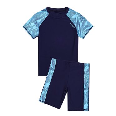 B91xZ Boys Swimsuit Short Sleeve Rashguard and Swim Trunks 2 Piece Set,Navy 10-12 Years