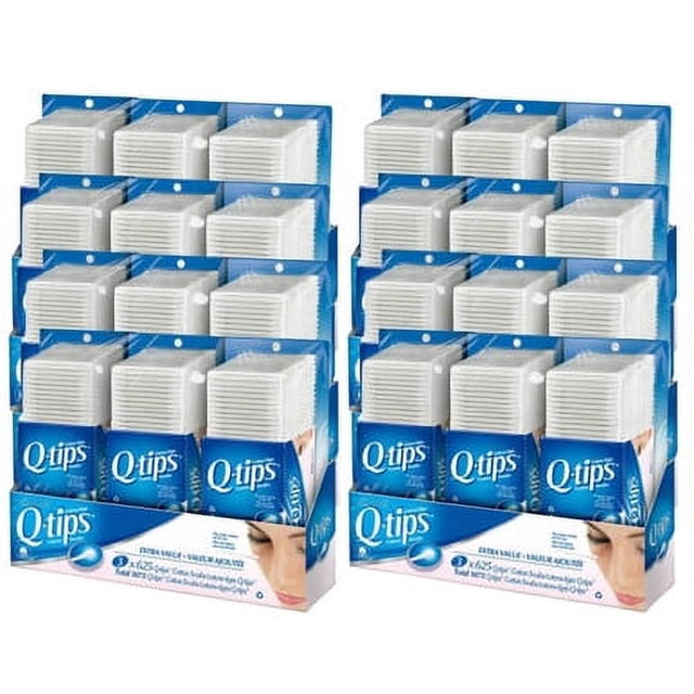Q-tips Cotons-tiges, Lot de 3 de 625, Présentés en Caisse de 8 Paquets pour un total de 15 000 Cotons-tiges. l'Image Montre Plusieurs Paquets Bleus et Blancs Bien Empilés avec le logo Q-tips Bien visible. Chaque Paquet Contient des Cotons-tiges avec des Bâtonnets en Bois Robustes et des Pointes en Coton Doux 100 % Pur, Idéal pour des Usages Polyvalents Tels Que l'Application de Maquillage, le Nettoyage des Oreilles et le Nettoyage Délicat des Appareils Électroniques. l'Emballage Est Organisé dans un format d'Exposition Prêt pour la