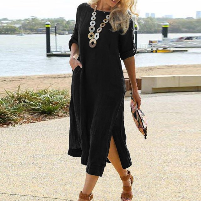 SMihono Robe Maxi Bohème d'Été pour Femmes Grande Taille Mode d'Été pour Femmes Couleur Unie Col Rond Manches Mi-Longues Robe en Coton Lin Robe de Plage