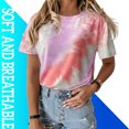 thumbnail image 3 of Femmes T-shirt Col Rond Manches Courtes Cravate-Teintes Femmes Manches Courtes Imprimées Haut Décontracté, Rouge Vin, XL, 3 of 8