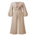 thumbnail image 1 of 2Pcs Women Outfit  Solid Color Deep V-Neck Knotted Long Sleeve Tops + High-Rise Loose Pants Set for Ladies  S/M/L/XL, 1 of 9