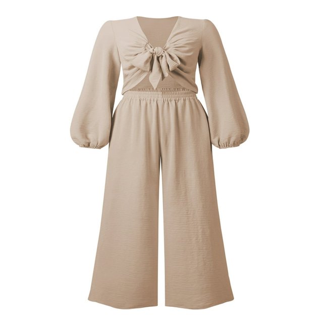 2Pcs Women Outfit Solid Color Deep V-Neck Knotted Long Sleeve Tops + High-Rise Loose Pants Set for Ladies S/M/L/XL