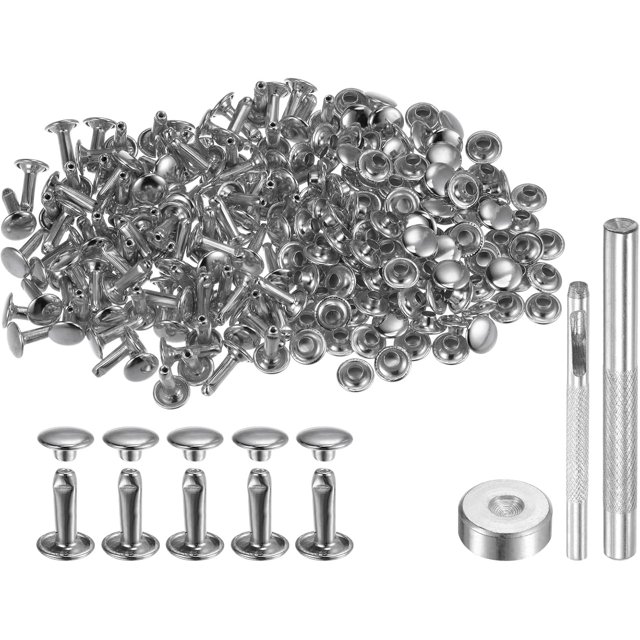 200 Sets Leather Rivets 12 x 8mm Metal Double Cap Rivet Snaps Studs Fasteners with 3pcs Setting Tools Rivets for Leather Craft DIY Repair Decoration, Silver Tone