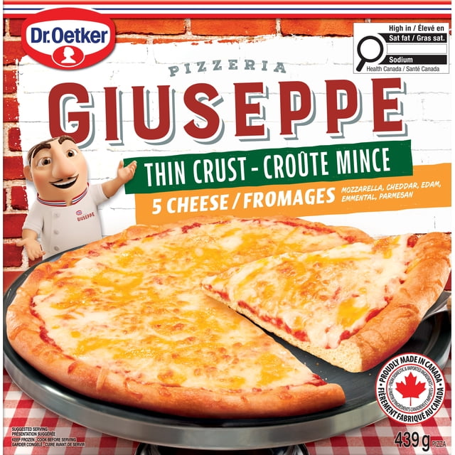 Dr. Oetker Giuseppe Pizzeria Thin Crust 5 Cheese Pizza with melted mozzarella, cheddar, edam, emmental, and parmesan cheeses on a thin crust and tomato sauce, presented on a black pizza pan over a red and white checkered tablecloth, showing Canadian made packaging details.