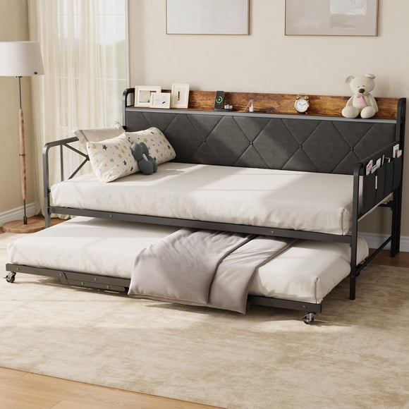 BeesClover Daybed with Trundle and LED Light, Twin Size Bed Frame with Upholstered Headboard and Charging Station, Metal Frame Sofa Day Bed or Living Room, Bedroom and Guest Room