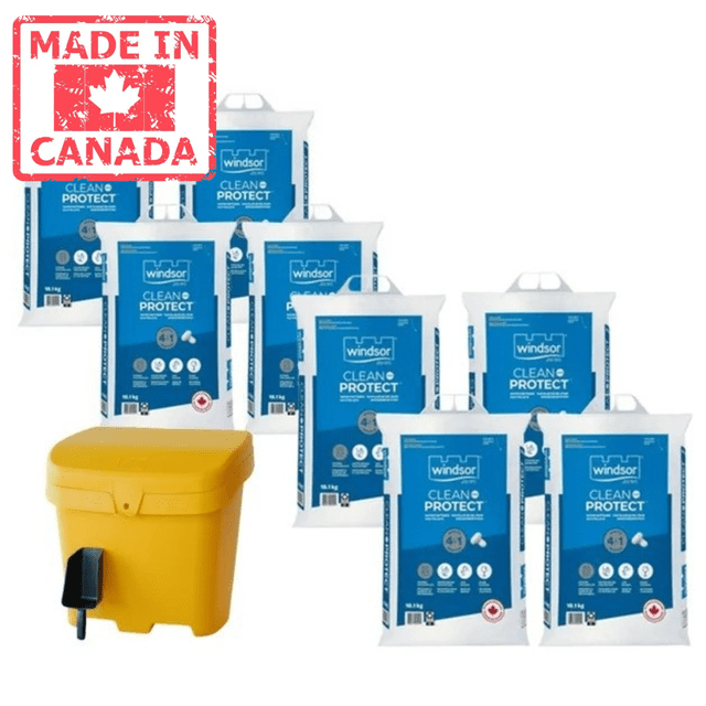Windsor Water Softener Pellets, 18.1KG (8 pack), displayed with a bonus 120L yellow storage bin and scoop. The blue and white bags are labeled 'Clean & Protect,' designed to combat hard water and improve water quality by reducing mineral buildup. A 'Made in Canada' label highlights local manufacturing.