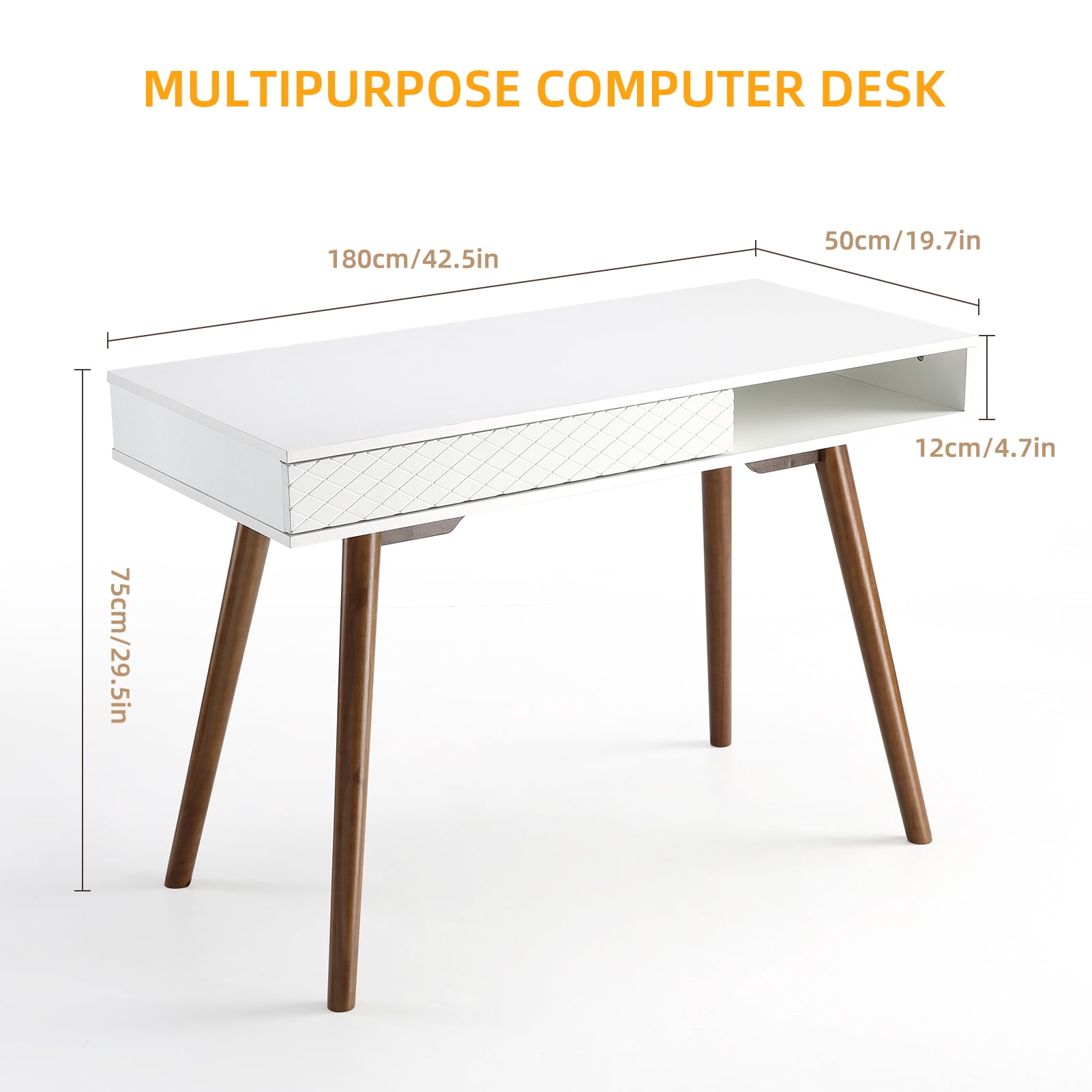Modern Home Office Writing Desk, 42 Inch Computer Table Desk with Drawers, Simple Mid Century Modern Desk