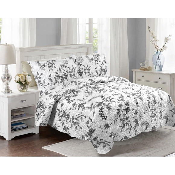 Marina Decoration Parure de lit ultra douce avec couvre-lit en tissu Pinsonic imprimé en relief et taies d'oreiller, motif branches florales de chrysanthème gris