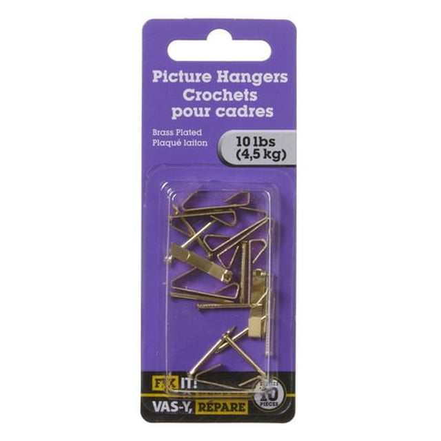 Brass Plated Picture Hanger 10 Pieces on a purple backing card with clear plastic packaging, each hanger supports up to 10 lbs (4.5 kg) and is designed for easy installation, suitable for lightweight wall hooks and fasteners in home improvement.