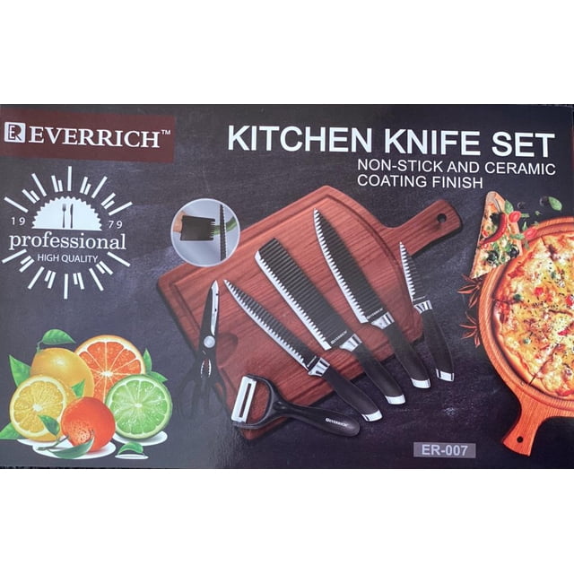 EVERRICH Non-Stick Kitchen Knife Set, 7PCS displayed on a wooden cutting board. Includes slicing knives with black ergonomic handles and non-stick coated blades, a peeler, and scissors. Ideal for cutting fruits, vegetables, and herbs, with sturdy blades suitable for breaking small bones or crustaceans. Surrounded by fresh citrus fruits and a pizza on a wooden serving tray.