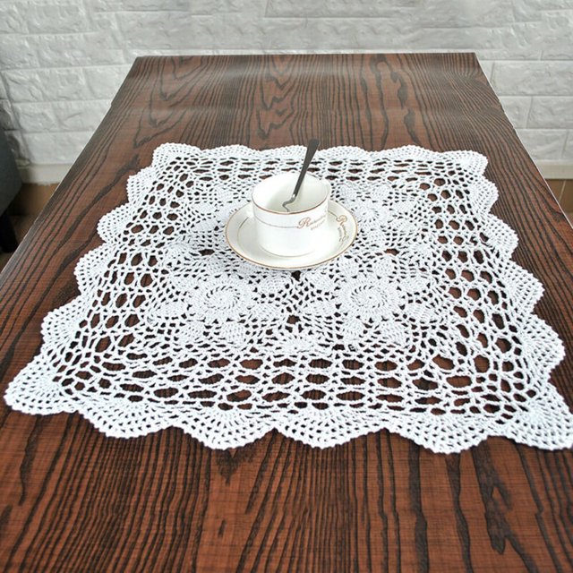 Luckyn Vintage Square Tablecloth Doily Cotton Lace Crochet Floral Table Cloth Cover,White