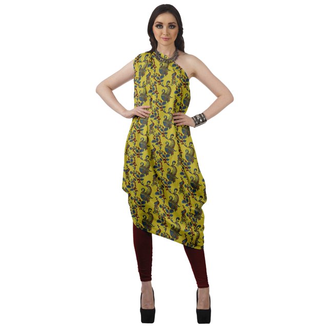 Moomaya Robe Kurti à une Épaule Imprimée pour Femme, Sans Manches, à Col Bénitier, Style Bohème, Tenue de Soirée de Designer