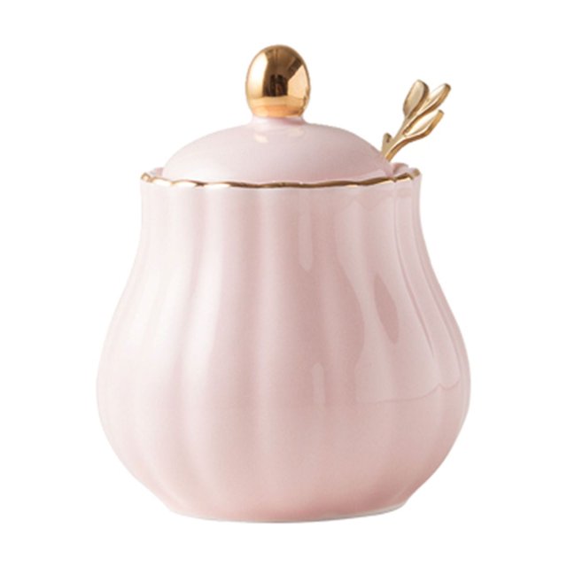 Sugar Bowl With Lid And Spoon, Ceramic Sugar Storage Jar, Porcelain Sugar Pot-Pink-300ml