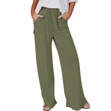 Yuyuzo Cotton Linen Pants for Women Casual Loose Elastic Waisted Pants Solid Color Straight Wide Leg Trousers Pants